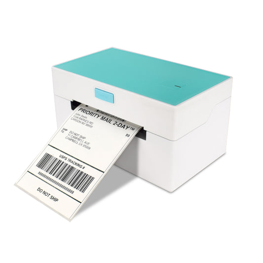 Imagen frontal de la Impresora Térmica de Etiquetas y Recibos de Alta Velocidad en color blanco con detalles en color aqua