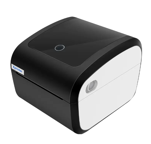 Fotografía lateral de la Impresora Térmica de Etiquetas 4 Pulgadas en colores blanco y negro