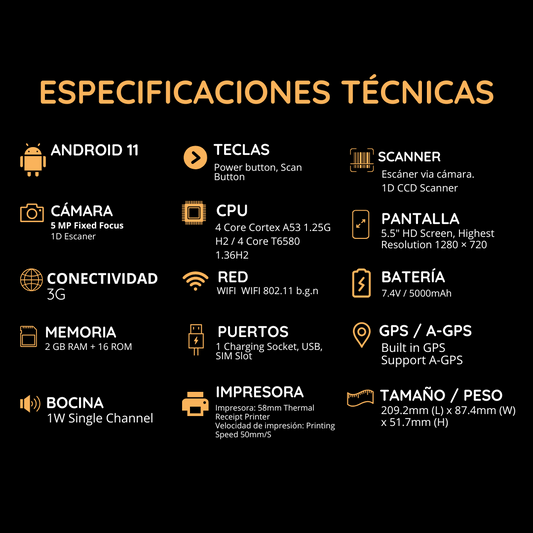 Punto de Venta Q2i Android 11 con Impresora Térmica de Alta Velocidad para Recibos de 58mm y Pantalla Táctil de 5.5'