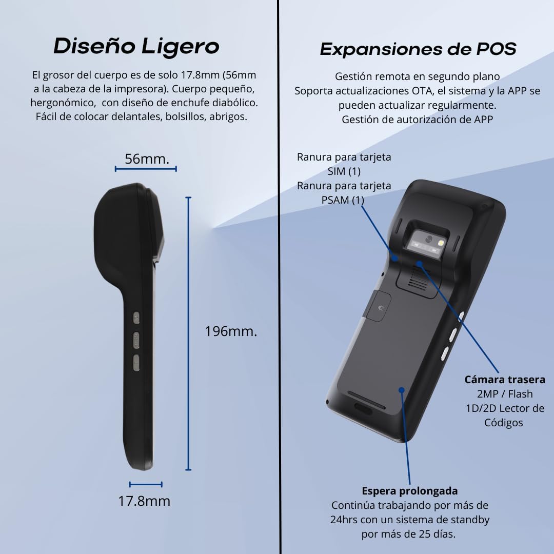 Punto de Venta PDA H5 con Android 8.1 con Impresora Térmica de Alta Velocidad para Recibos de 58mm y Pantalla Táctil de 5.0''. Escanea códigos de Barra 1D/2D/QR. Soporte para 3G y 2G. 1GB Ram + 8GB ROM.