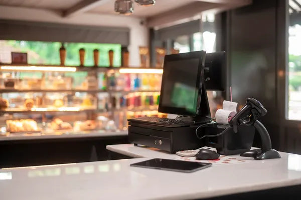 Una moderna terminal de cobro negro con pantalla y escáner sobre el mostrador blanco de una pastelería o café.