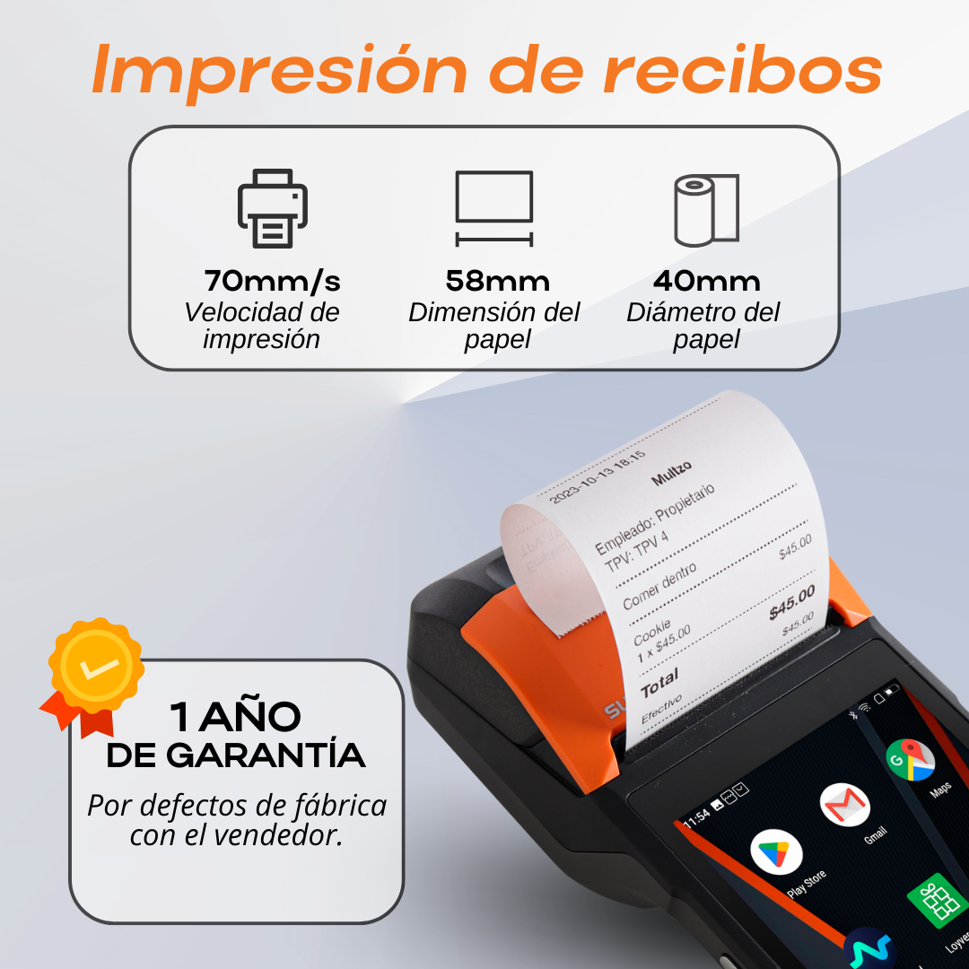 Punto de Venta  SUNMI V2 con Android 12 e Impresora de Recibos