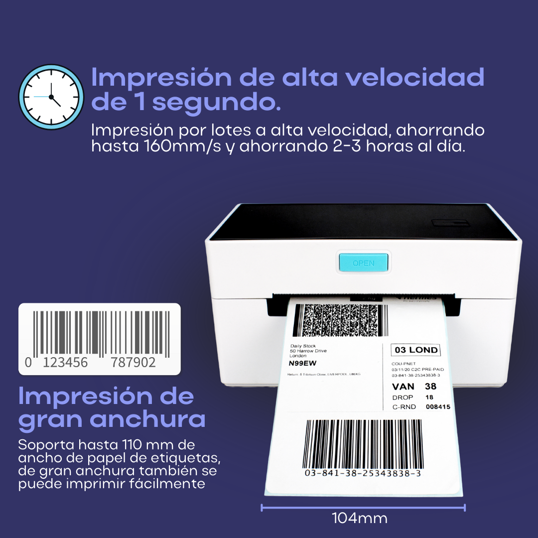 Impresora de Etiquetas Térmica Directa de 4 Pulgadas, Alta Velocidad 160mm/s, Conexión USB/Bluetooth/WiFi
