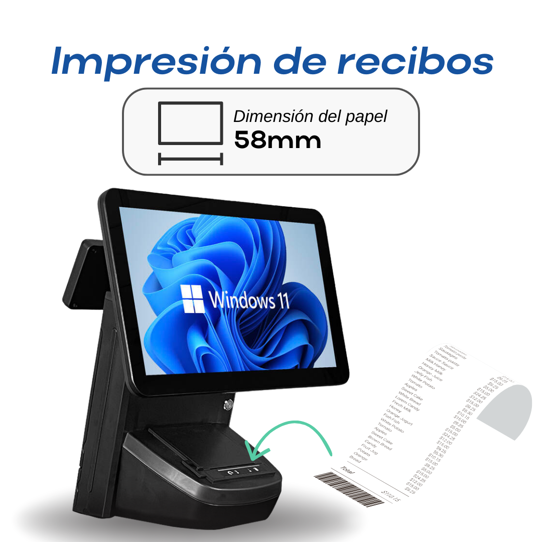 Punto de Venta Todo en Uno con Pantalla táctil de 15.6'''. Sistema Operativo Windows 11 y un procesador i5 con Impresora térmica 58mm de recibos, WIFI, 4GB de RAM y 64GB de ROM.
