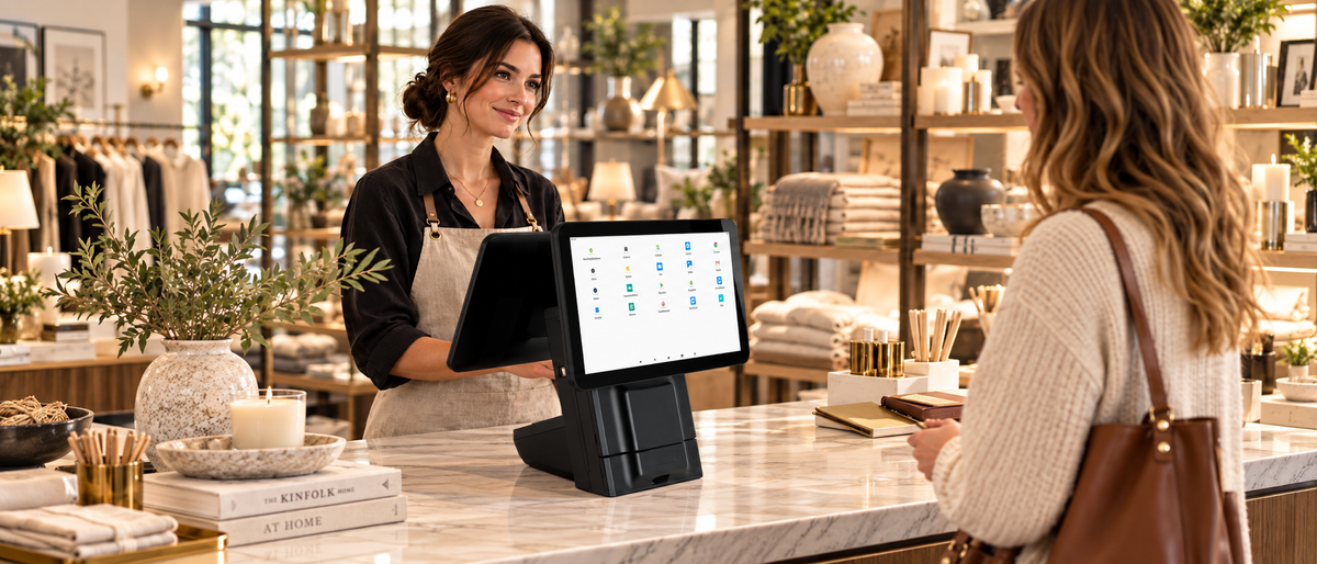 Dos personas usando POS en un mostrador