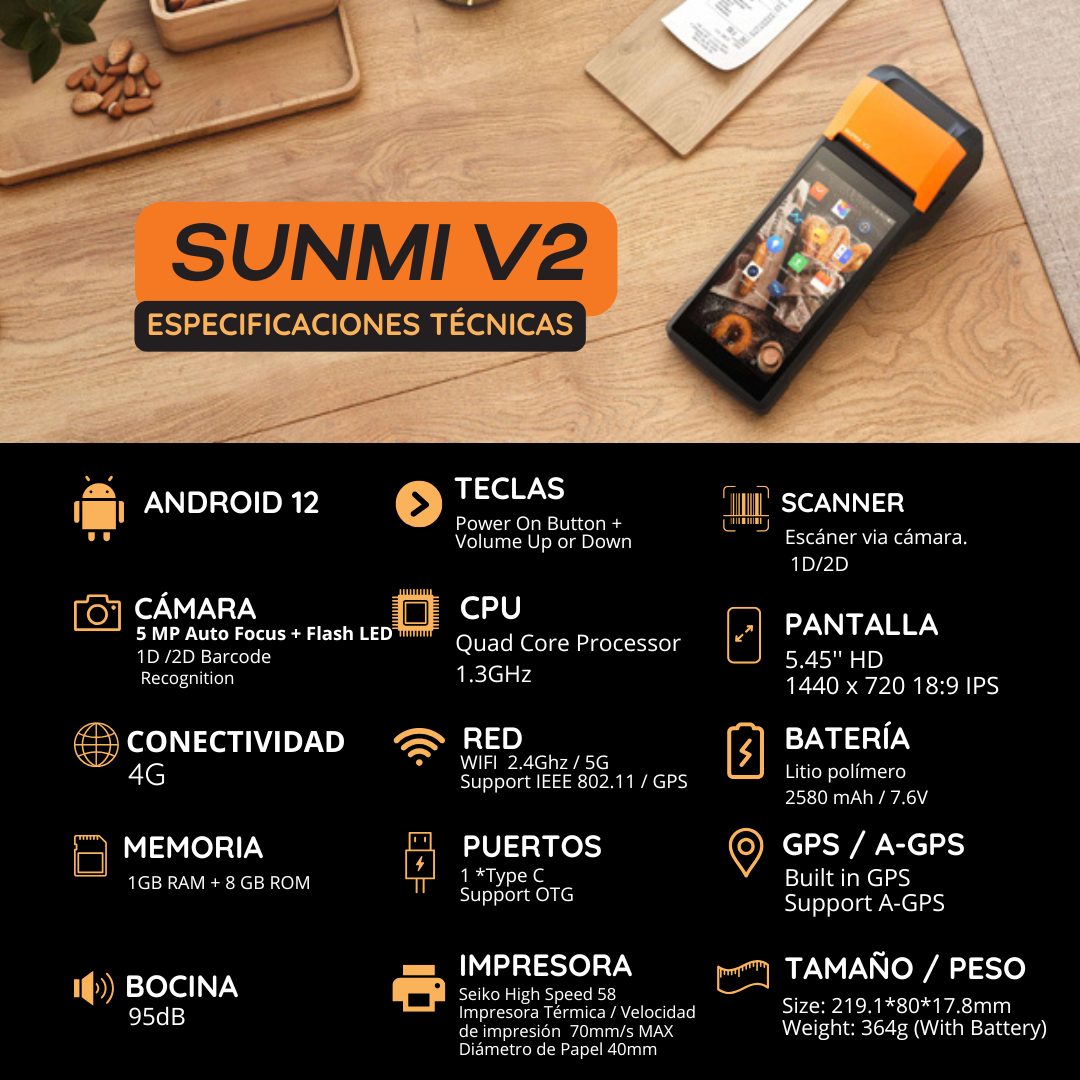 Punto de Venta  SUNMI V2 con Android 12 e Impresora de Recibos