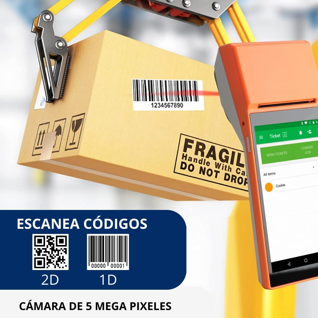 Punto de Venta Terminal Inalámbrico Scangle SP01 con Android 8.1 e Impresora de Recibos 58mm, Pantalla Touch 5.5” y Lector de Códigos 1D/2D/QR.