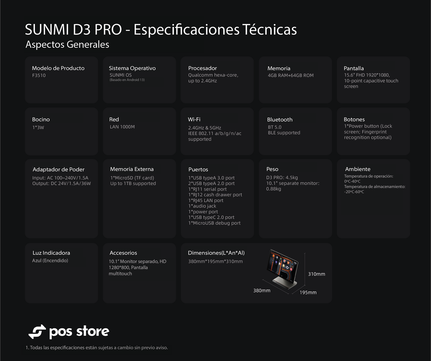 POS Android 13 Sunmi D3 Pro Pantalla Dual