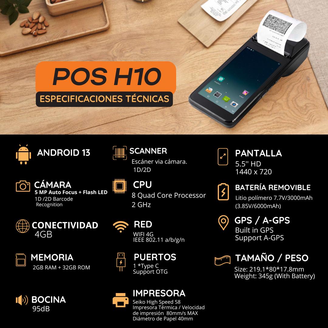 Punto de Venta H10 con Android e Impresora de Recibos