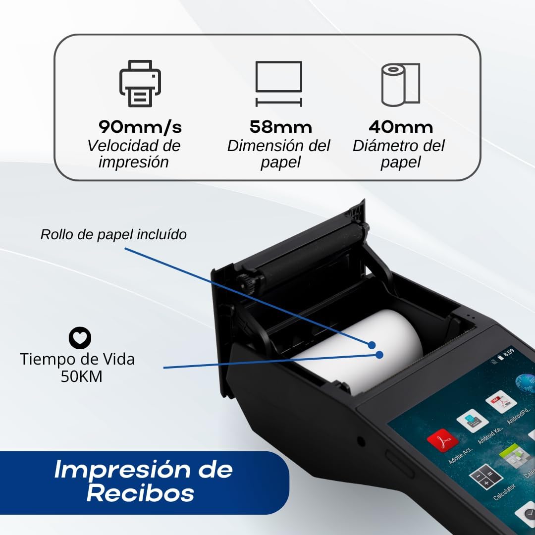 Punto de Venta Terminal Inalámbrico Scangle SP01 con Android 8.1 e Impresora de Recibos 58mm, Pantalla Touch 5.5” y Lector de Códigos 1D/2D/QR.
