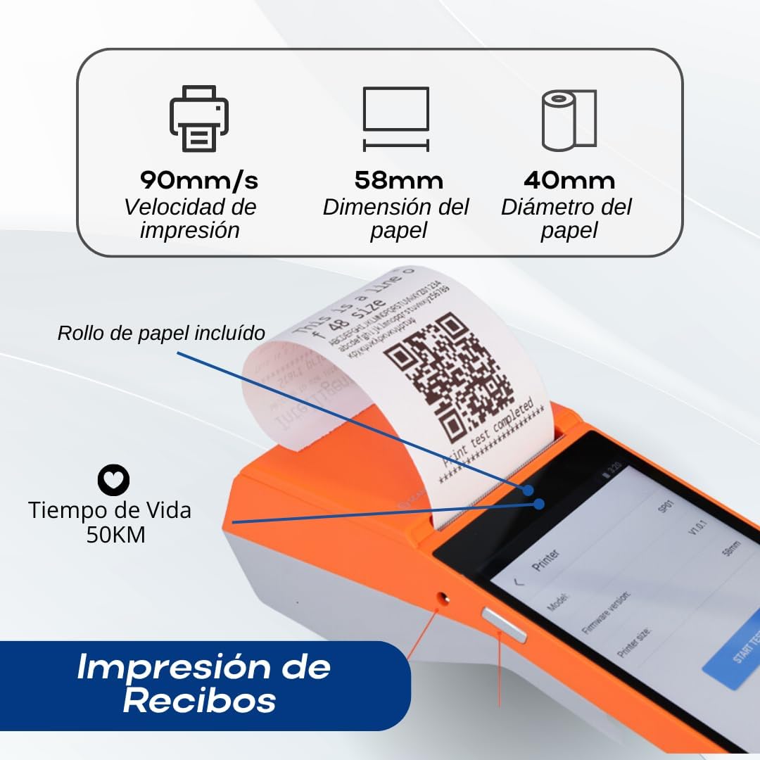 Punto de Venta Terminal Inalámbrico Scangle SP01 con Android 8.1 e Impresora de Recibos 58mm, Pantalla Touch 5.5” y Lector de Códigos 1D/2D/QR.