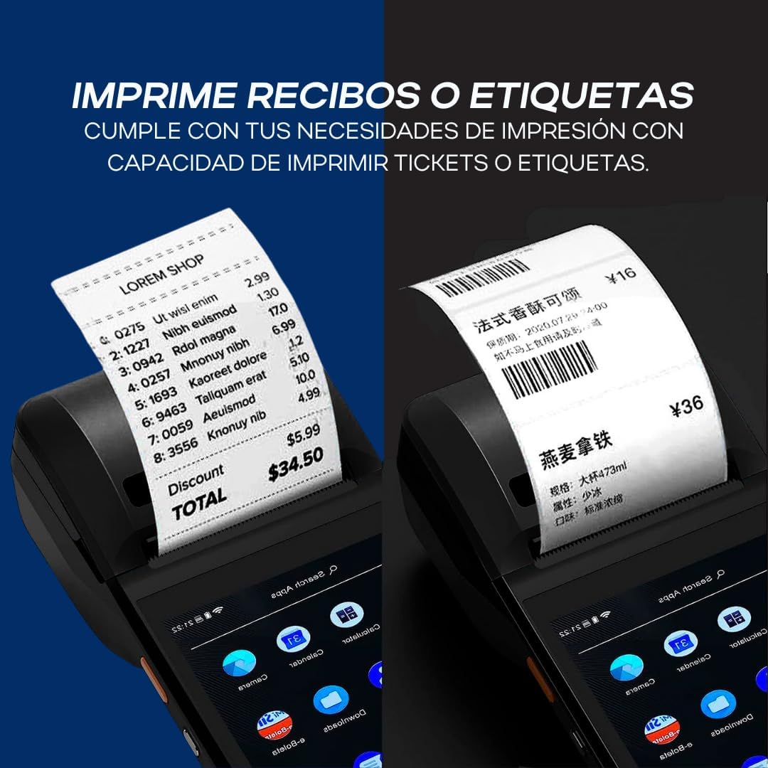 Punto de Venta PDA H5 con Android 8.1 con Impresora Térmica de Alta Velocidad para Recibos de 58mm y Pantalla Táctil de 5.0''. Escanea códigos de Barra 1D/2D/QR. Soporte para 3G y 2G. 1GB Ram + 8GB ROM.