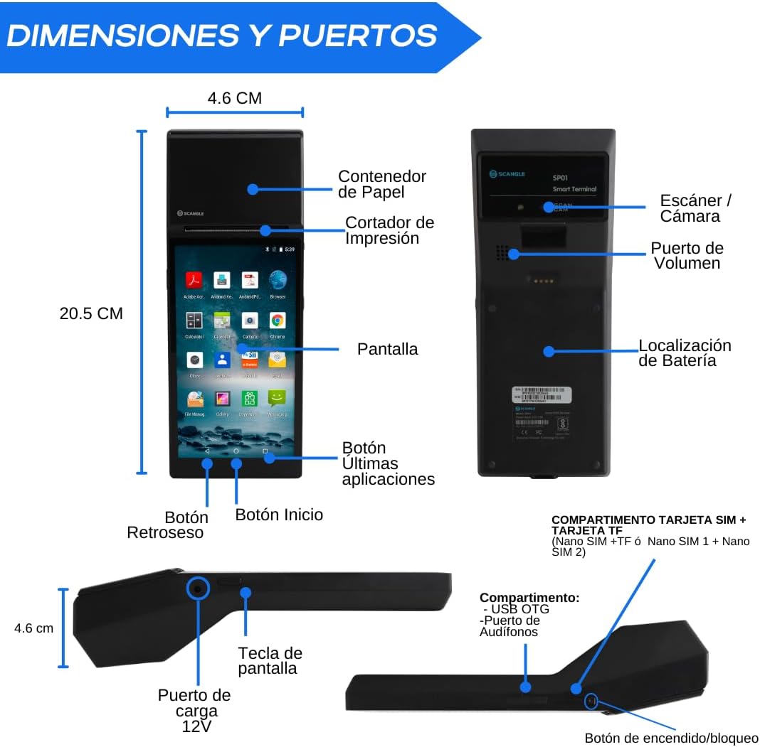 Punto de Venta Terminal Inalámbrico Scangle SP01 con Android 8.1 e Impresora de Recibos 58mm, Pantalla Touch 5.5” y Lector de Códigos 1D/2D/QR.