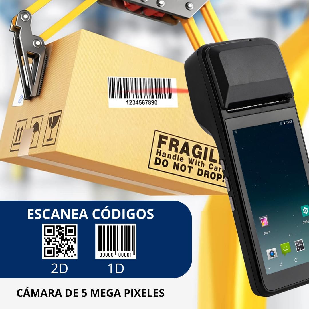 Punto de Venta PDA H5 con Android 8.1 con Impresora Térmica de Alta Velocidad para Recibos de 58mm y Pantalla Táctil de 5.0''. Escanea códigos de Barra 1D/2D/QR. Soporte para 3G y 2G. 1GB Ram + 8GB ROM.