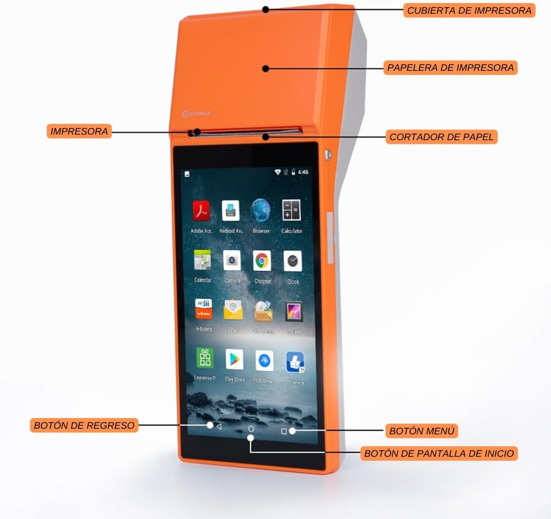 Punto de Venta Terminal Inalámbrico Scangle SP01 con Android 8.1 e Impresora de Recibos 58mm, Pantalla Touch 5.5” y Lector de Códigos 1D/2D/QR.
